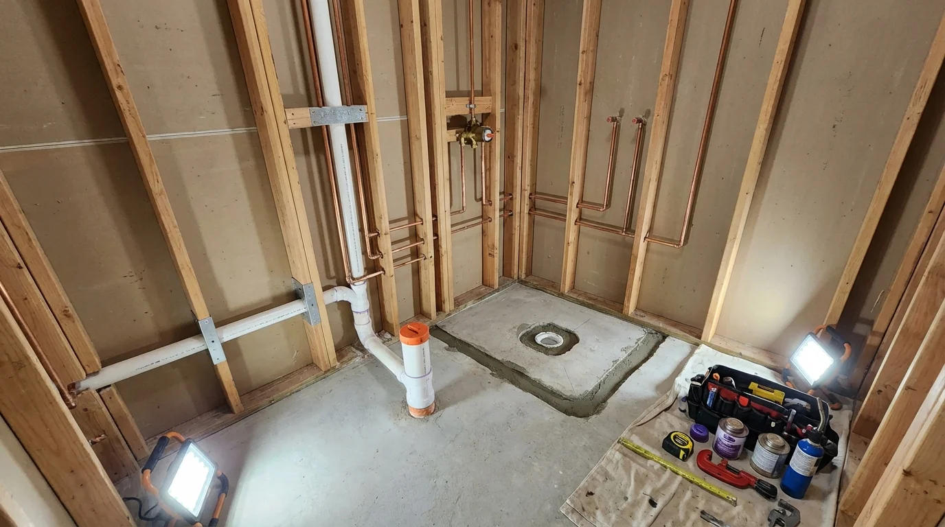 Bathroom rough-in plumbing during remodel by Johns Plumbing LLC in Spindale