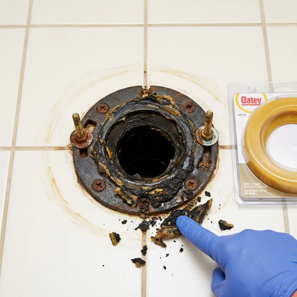 Failed wax ring showing water seepage at the base of a toilet in a Spindale, NC home