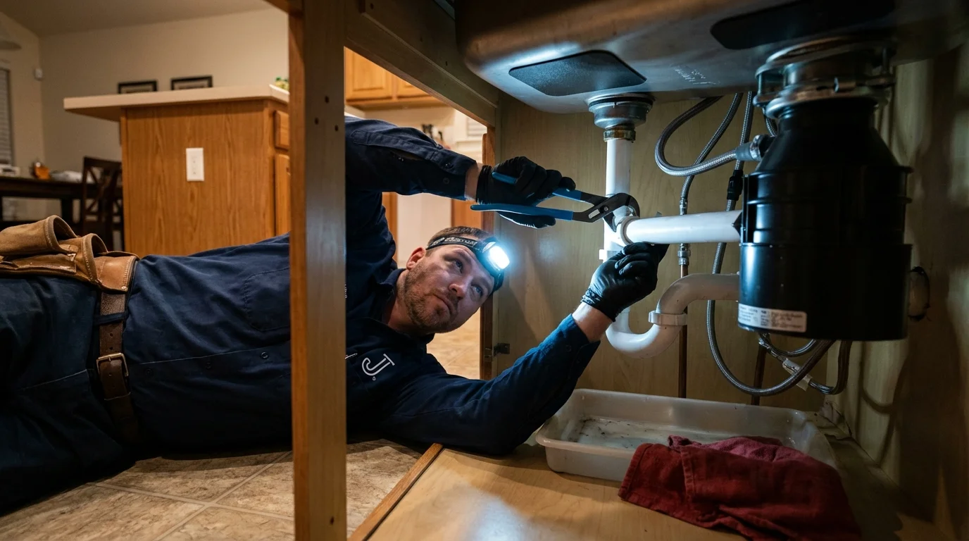 P-trap and supply line connections under a kitchen sink showing a common leak point in Spindale, NC